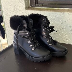 ESPRIT Women's Black Fur-Lined Lace-Up 3” Chunky Heel Sz 6.5